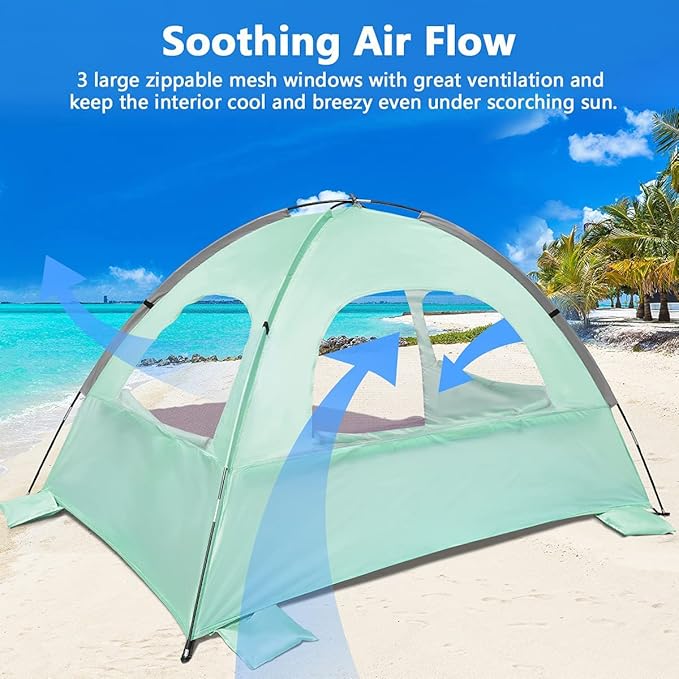 NXONE Beach Tent Sun Shade Shelter for 3/4/6 Person Person with UV Protection, Extended Floor, 3 Mesh Roll Up Windows & 8.0/8.5mm Fiberglass Rods丨Carry Bag Included