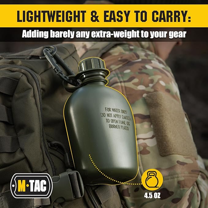 M-Tac Canteen Water Bottle - 1 Quart Water Canteen (34 Oz/1L) - Tactical Water Bottle for Military Hiking Camping Survival (Olive)