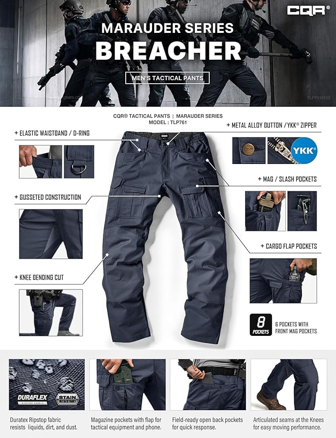 CQR Men's Flex Ripstop Tactical Pants, Water Resistant Stretch Cargo Pants, Lightweight EDC Hiking Work Pants