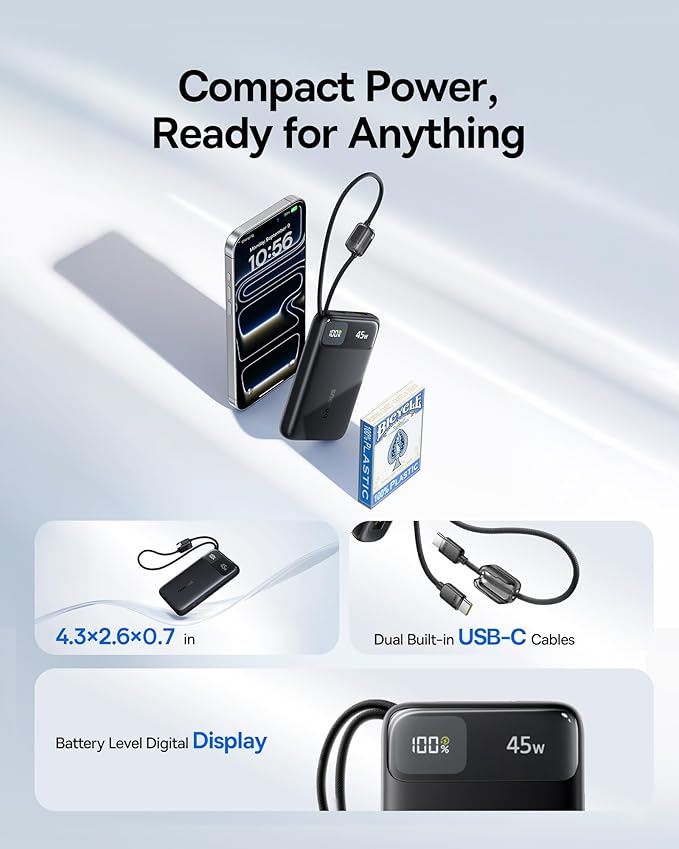 Baseus 45W Ultra Slim 10000mAh Power Bank Built-in USB-C Cables Bundle with 10,000mAh 30W Magnetic Portable Charger, Fast Charging Wireless Battery Pack with Built-in Braided USB-C Cable