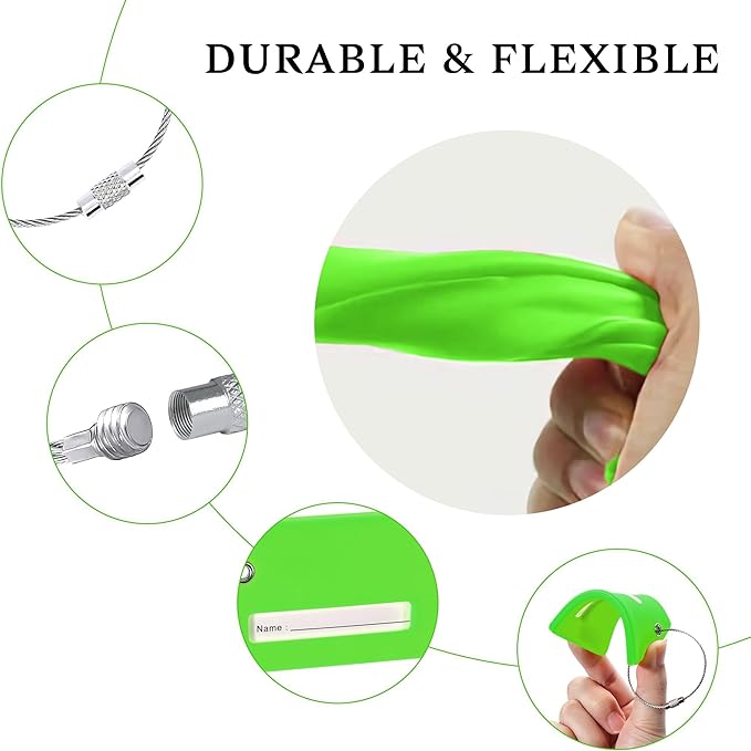 10 Pack Silicone Luggage Tag for Suitcases with Stainless Loop, TSA Approved, Privacy Protection Travel Essentials Bag Tags by Gostwo, Green
