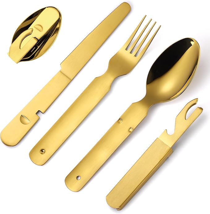 Picnic Silverware Gold Camping Cutlery Fork Knife Spoon Bottle Opener 4 Pieces Flatware Utensil Kit Foldable for Outdoor Kitchen Daily Use Easy To Clean