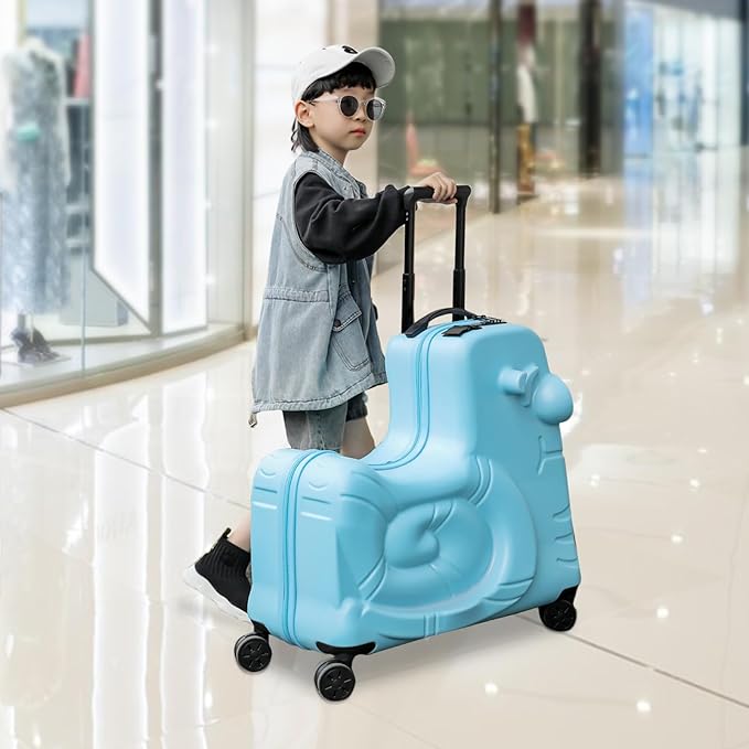 Kids Ride-On Luggage 20" with Spinner Wheels, Children's Travel Suitcase with Seat & Password Lock, Blue Cartoon Carry-On Trolley for Ages 1-6
