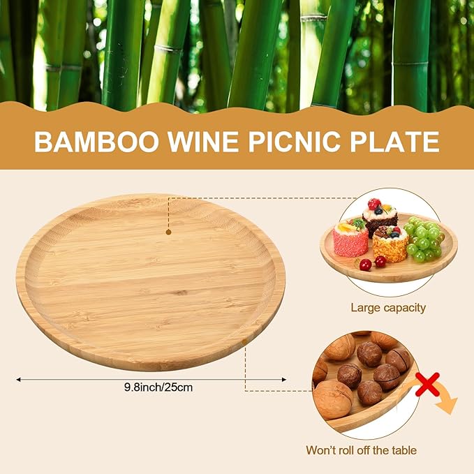Picnic Foldable Wine Table with Bamboo Plate Kit, Handmade Handle Portable Bamboo Tray Table with Food Plate for 2 Outdoor Camping Picnic Wine Set Gift for Couples