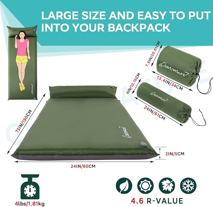 Clostnature Self Inflating Sleeping Pad for Camping - 1.5/2/3 inch Camping Pad, Lightweight Inflatable Camping Mattress Pad, Insulated Foam Sleeping Mat for Backpacking, Tent, Hammock