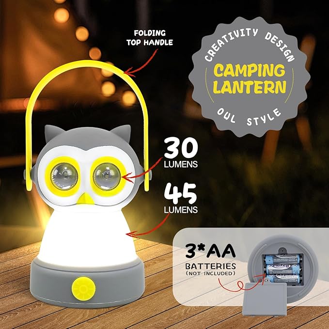 Portable LED Camping Lantern, Head Lamp Kit, Lightweight Battery Powered LED Flashlight for Indoor Outdoor, Kids Camping Gear Gift for Children's Day, Birthday, Easter, Adventure(Owl Set)