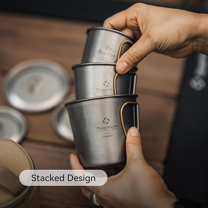 Titanium Mug, 450ml 15oz, Camping Coffee Cup with Foldable Handle and Lid, Lightweight Cup for Outdoor Backpacking Hiking