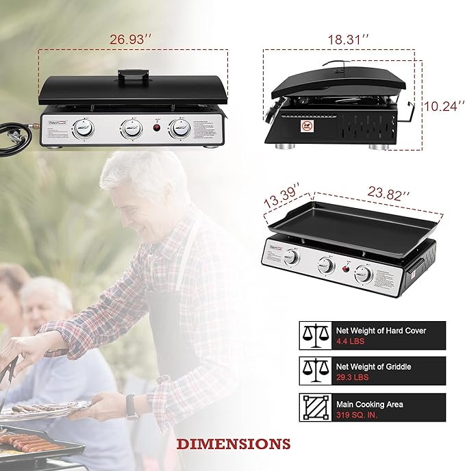 Royal Gourmet PD2301S 3-Burner Tabletop Propane Gas Griddle with Hard Cover, 24 Inch Portable Griddle for Outdoor Cooking While Camping or Tailgating, Silver & Black