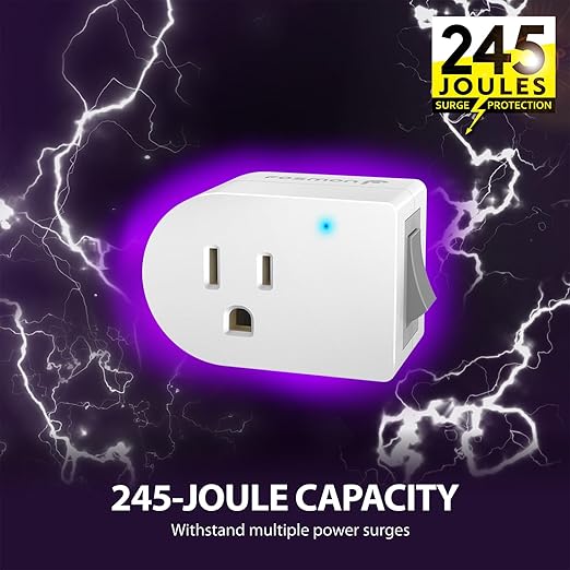 Fosmon Grounded Outlet with ON/Off Switch (4 Pack), 3 Prong Electrical Plug Outlet Extender Switch, 245J Single Port Power Adapter Surge Protector, 15A Circuit Breaker, White, ETL Listed