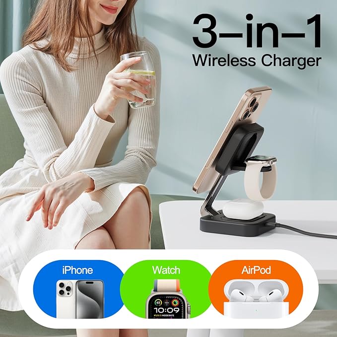 2026 Traveling Wireless Mag-Safe Fast Charging Station,Magnetic 3 in 1 Charger with iPhone 17 16 15 14 13 12 Pro Max Plus,Apple Watch Series & Air pods 4 3 2 Pro-Gifts for Wife & Husband(Black)