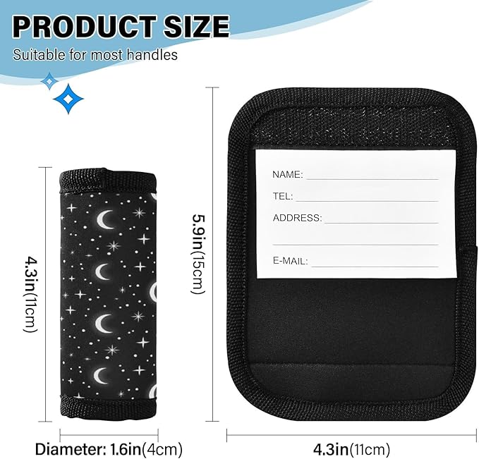 White Moons Stars Black Suitcase Handle Wraps with Writable Luggage Tags, 5.9 x 4.3 Inches Durable Polyester 4 Pack Luggage Handle Wraps for Backpack Strap Pads