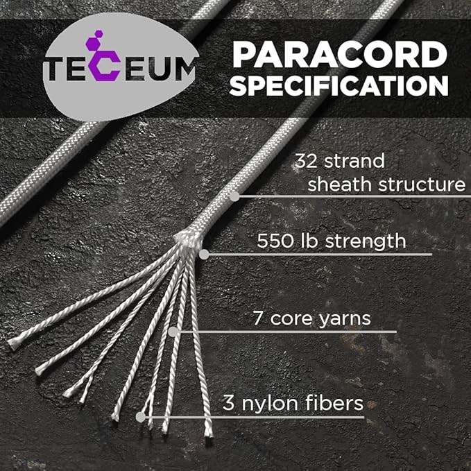 TECEUM 5/32" Paracord Rope 1000 – 1000ft / 200ft / 100ft / 50ft – Tactical Parachute Cord 4mm – 45+ Colors – Nylon String for Survival & Camping Gear – Stripe Cord for Survival – Utility Rope