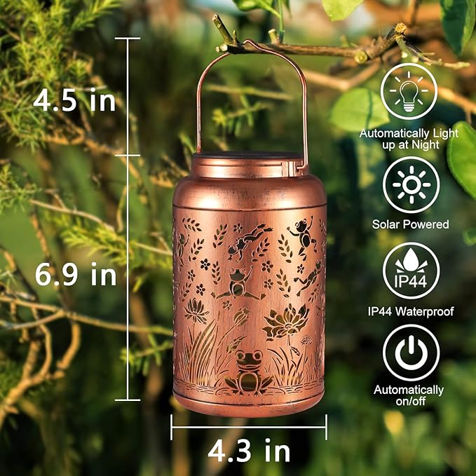 Frog Decoration Solar Lanterns Outdoor Waterproof Garden Decor Gifts for Women Mon Grandma Metal Hanging Solar Lights for Outside LED Lanterns for Yard, Patio, Lawn, Tabletop, Pathway