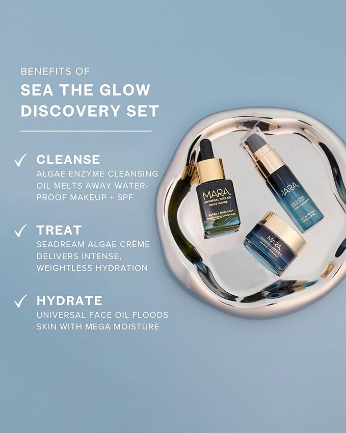 MARA Sea the Glow Discovery Set – Travel Size Skincare Set with Cleanser, Face Oil & Firming Moisturizer – Hydrating, Anti-Aging Routine to Cleanse, Plump & Glow (3-Piece Kit)