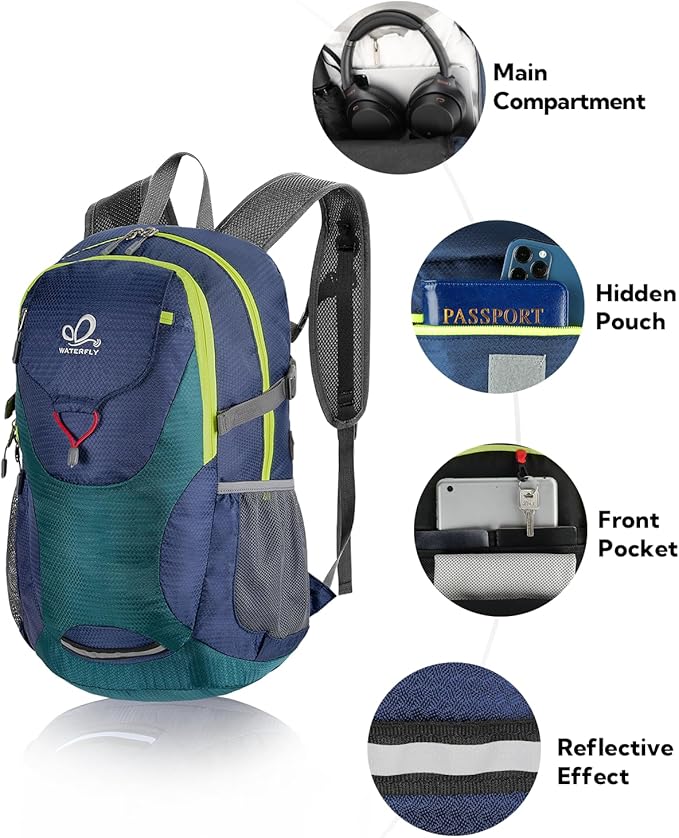 WATERFLY Lightweight Packable Hiking Backpack: 30L Foldable Travel Daypack Ultralight Camping Day Pack for Woman Man