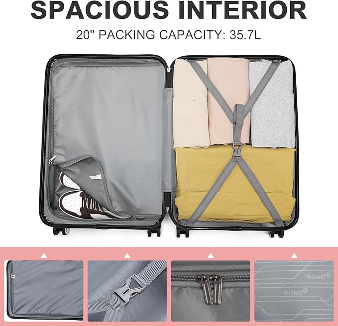 Kono 20'' Carry on Luggage Lightweight with Spinner Wheel TSA Lock Hardside Luggage Small Carry on Suitcase Nude/Rose Pink