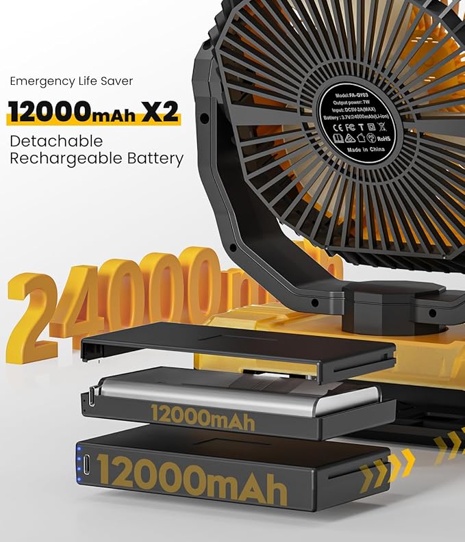 24000mAh Detachable Battery Camping Fan - 3-in-1 Portable Camping Fans with LED & Remote - 4 Speeds Battery Operated Outdoor Fan for Tent,Office,Jobsite,Workshop,Travel