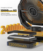 24000mAh Detachable Battery Camping Fan - 3-in-1 Portable Camping Fans with LED & Remote - 4 Speeds Battery Operated Outdoor Fan for Tent,Office,Jobsite,Workshop,Travel