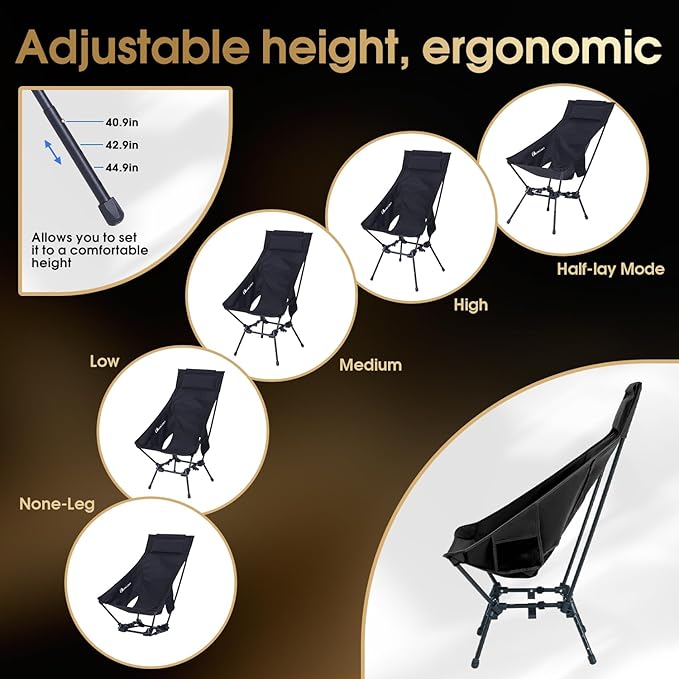 MOON LENCE Portable Camping Chairs for Adults, Adjustable Oversize Beach Chair Lawn Chair with High Back - Large Capacity, Heavy Duty (New Black)