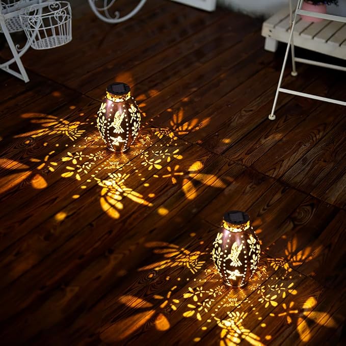 Stargarden Solar Lantern, 2 Pack Decorative Lanterns Outdoor Waterproof Solar Lights Outdoor, Hollow Out Hummingbird Pattern Hanging Lanterns for Yard ,Copper