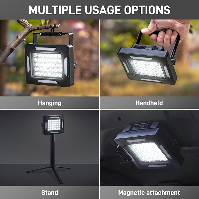LED Solar Portable Camping Lights with Stand dimmable, 2000LM, Solar Rechargeable Work Lights with Magnetic，IP67 Waterproof, 5 Light Modes Portable Flood Light, Camping Lantern for Indoor Outdoor