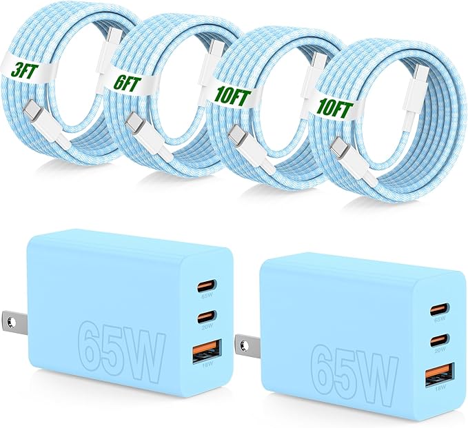 65W Super Fast Charger Type C for Samsung,3 Port 100W Quick Charging 3.0 USB C Block & 3/6/10/10FT Braided Type C Cord for Samsung Galaxy S26 Ultra/S26/S25 Ultra/iPhone 17 Pro/MacBook Pro/Air-Blue