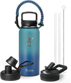 Trebo 32 oz Water Bottle Insulated with Paracord Handle and Straw, Vacuum Double Wall Stainless Steel Water Jug Keep Cold 48 Hours, Water Flask with 3 Lids for Men women Sports Travel gift, Cyan Blue