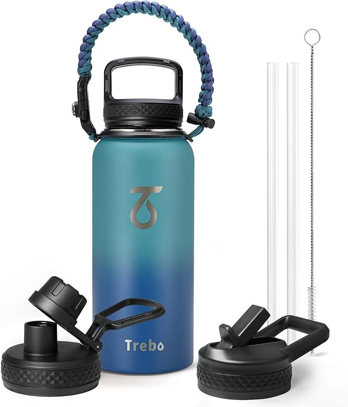 Trebo 32 oz Water Bottle Insulated with Paracord Handle and Straw, Vacuum Double Wall Stainless Steel Water Jug Keep Cold 48 Hours, Water Flask with 3 Lids for Men women Sports Travel gift, Cyan Blue