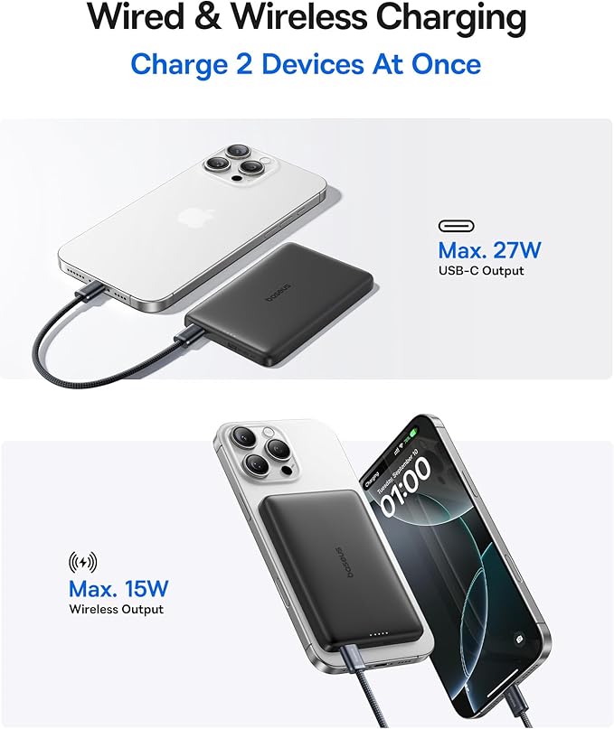 Baseus Picogo Magsafe Portable Charger, Qi2 Certified 0.5" Ultra Slim 15W Wireless Power Bank Bundle with Power Bank Fast Charging 67W, 10000mAh Small Portable Phone Charger Built-in Dual USB C Cables