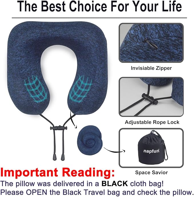 napfun Neck Pillow for Traveling, Upgraded Travel Neck Pillow for Airplane 100% Pure Memory Foam Travel Pillow for Flight Headrest Sleep, Portable Plane Accessories, Full Dark Blue, Medium (120-200LB)