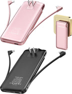 2-Pack 10000mAh Phone Portable Charger Power Bank, Built in Cable and AC Wall Plug, Fast Slim USB C Charging Battery Pack Travel Essentials Compatible with iPhone, Android, Black & Pink