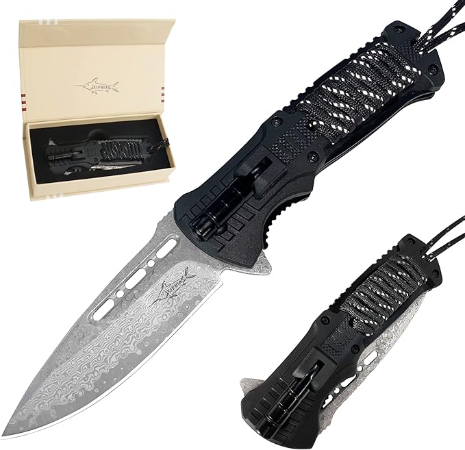 XIPHIAS EDC Tactical Damascus Folding Pocket Knife - 6-in-1 Survival Multitool with LED Light, Magnesium Fire Starter, Whistle, Paracord & Pocket Clip - (Black) - XK039DA-Black