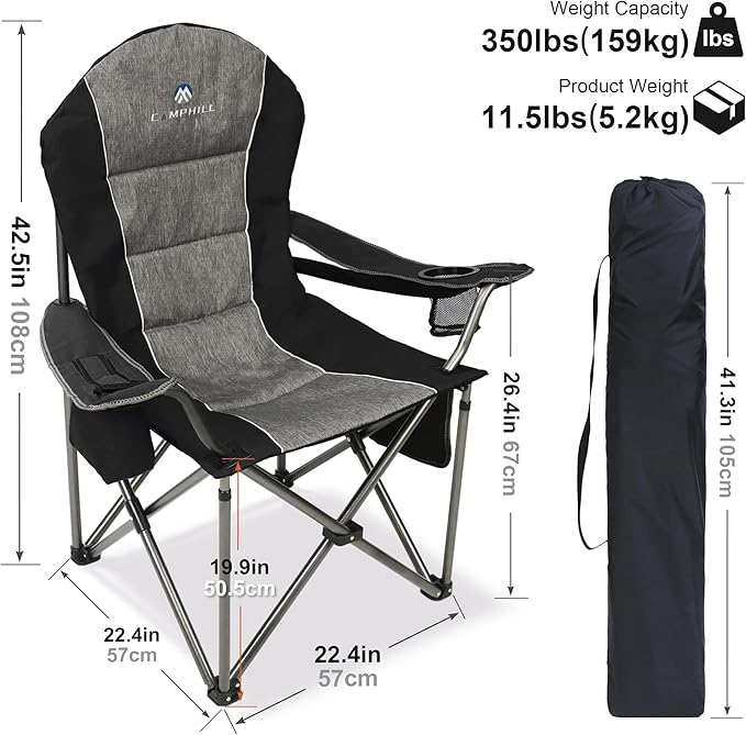 Folding Camping Chair:Oversized Portable Lawn Chairs for Adults,Outdoor Heavy Duty Padded Seats,Support 350 LBS,for Camp,Travel & Picnic