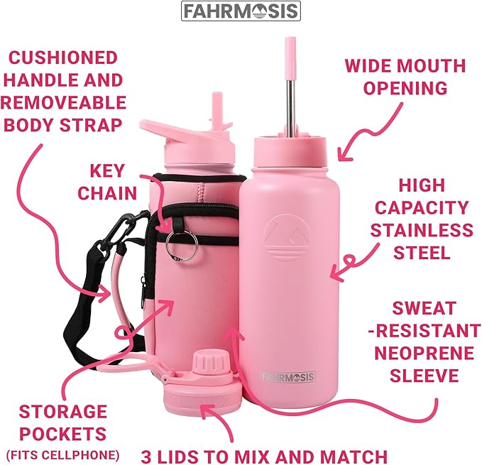 32 Oz Insulated Water Bottle with Strap Stainless Steel Sports Water Bottle with 3 Lids (Straw, Chug & Flip Lid) 1 Liter Leak Proof Insulated Metal Jug for Men & Women - Pink (Solid)
