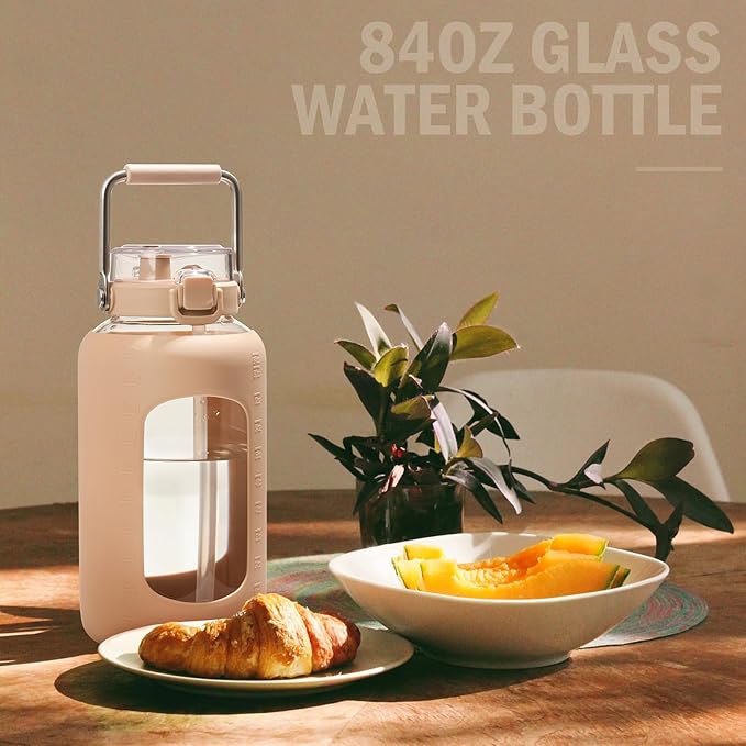 BLUEGO 84oz Water Bottle Glass with Stainless Steel Handle Large 2.5l Water Bottle with Time Markers and Silicone Sleeve Half Gallon Water Jug BPA Free for Gym Daily Use, Amber