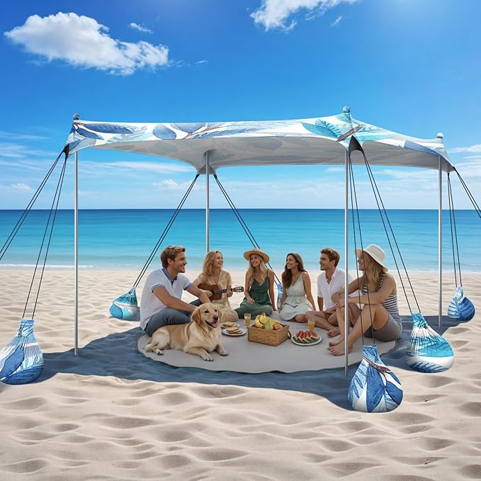Beach Tent Sun Shelter, 10 x 10 FT Beach Canopy Tent Sun Shade, UPF50+ Tents Canopy with 8 Sandbags & 4 Stability Poles, Outdoor Tents for Camping Fishing, Leaf