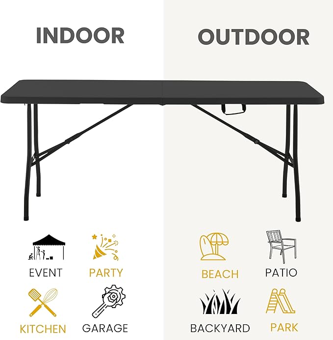 BTEXPERT Set of 5, Fold-in-Half Folding Utility Table 6 Feet 72"x 29.5" Lightweight Portable Carrying Handle Indoor Outdoor Picnic Camping Office Home Party Wedding Event Easy to Clean Store Black