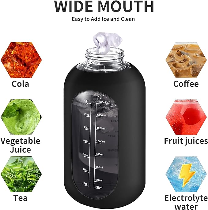 CIVAGO 64 oz Glass Water Bottle Jug with Straw and Handle, Half Gallon Sports Motivational Water Bottle with Time Marker, Wide Mouth Flask Canteen with Silicone Sleeve for Gym, Black