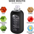 CIVAGO 40 oz Glass Water Bottle with Straw and Handle, Large Sports Motivational Water Bottle Flask with Time Marker and 2 Lids, Leakproof Water Jug Canteen with Silicone Sleeve for Gym,Black