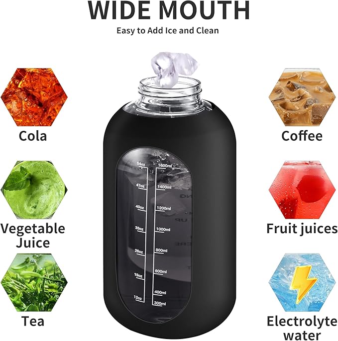 CIVAGO 32 oz Glass Water Bottle with Straw and Handle, Large Sports Motivational Water Bottle Flask with Time Marker and 2 Lids, Leakproof Water Jug Canteen with Silicone Sleeve for Gym,Black