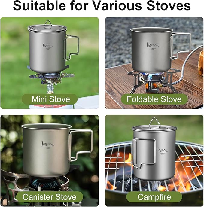 Titanium Pot with Lid, Lightweight Camping Pot with Foldable Handles, Portable Titanium Cooking Pot, Backpacking Pot Titanium Cookware with Carry Bag