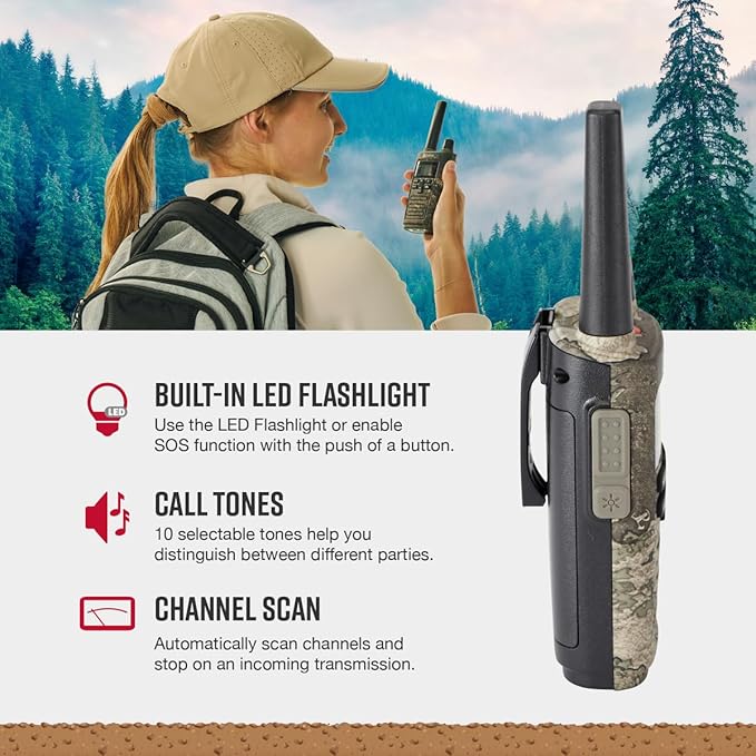 Cobra RX380TTC 2-Pack Walkie Talkies & Compatible Cobra GA-SV01 2P Surveillance Headset Microphones: Rechargeable, 40 Preset Channels, Long Range 32-Mile Two-Way Radio Set, Camo