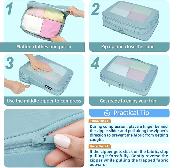 BAGAIL 4 Set/6 Set/8 Set Compression Packing Cubes Travel Accessories Expandable Packing Organizers (Square Mesh, 06-Dusty Blue)