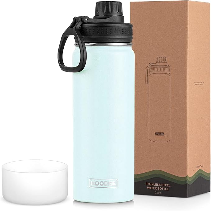 koodee Insulated Water Bottle, 22 oz Stainless Steel Double Wall Vacuum Wide Mouth Sport Bottle with Leakproof Spout Lid （Bby Blue）