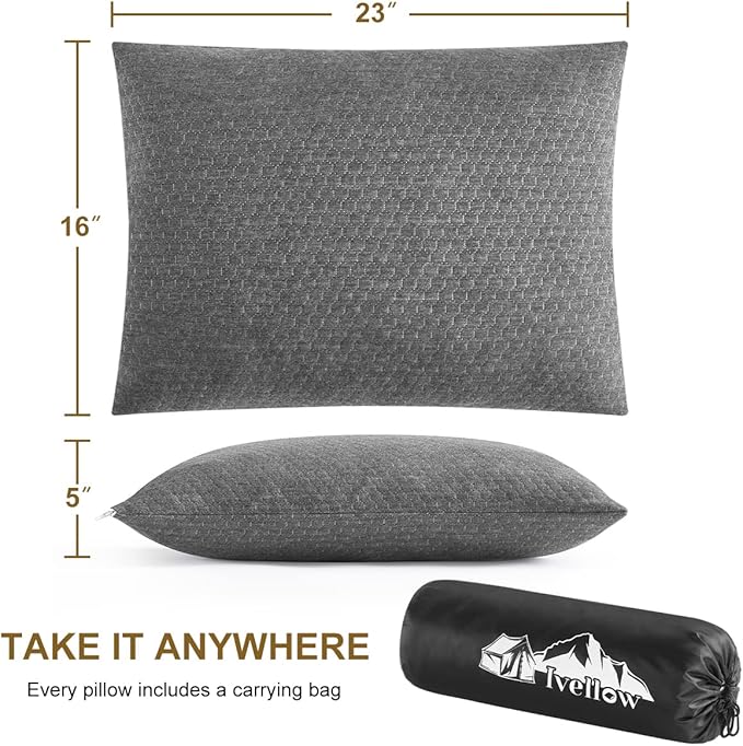Ivellow Memory Foam Travel Pillow Compressible Camping Pillow for Sleeping Shredded Memory Foam Pillow Compact Firm Supportive Travel Pillow for Adults Kids Outdoor Backpacking Hiking Essential Gear-L