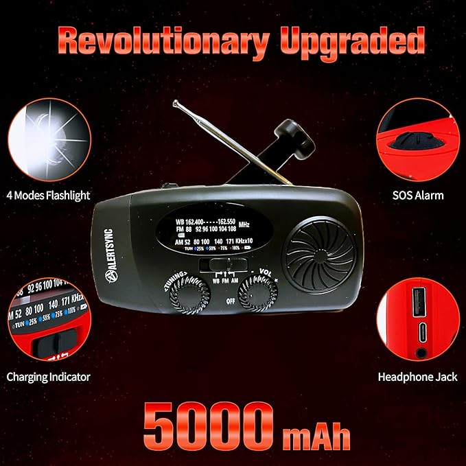 5000mAh Emergency Weather Radio, iRonsnow NOAA FM AM Hand Crank Radios, Solar Radio with SOS, Earphone Jack, 1W LED Flashlight, Self Powered Phone Charger for Camping, Survival (Black)