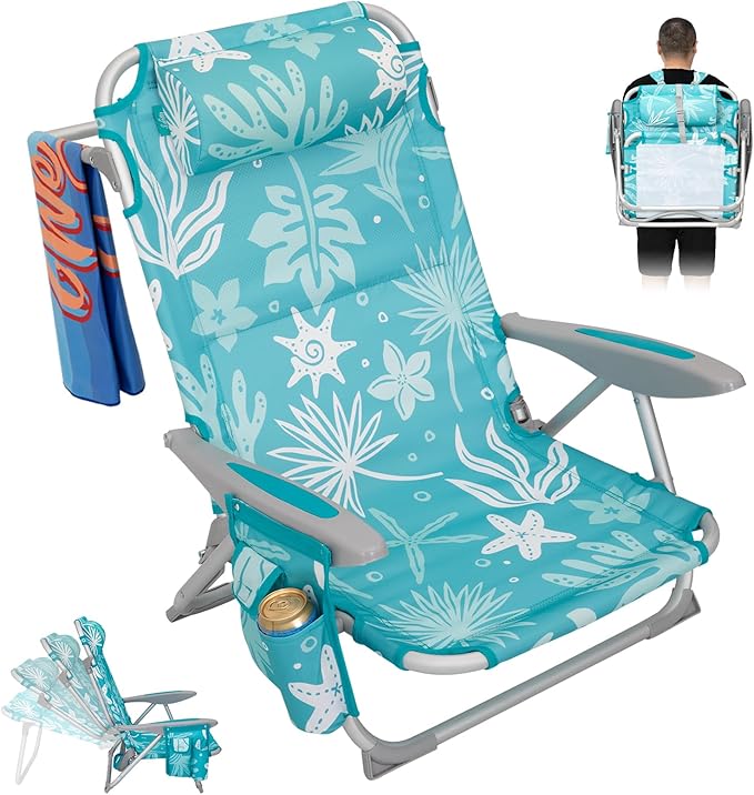 #WEJOY Folding Beach Chair for Adults, 4-Position Aluminum Lightweight Beach Chair, Low Sands Chairs with Shoulder Strap, Cup Holder and Padded Headrest, Supports 265lbs for Lawn