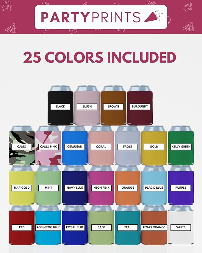 PartyPrints 25 Pack Multicolor Assorted Blank Can Cooler Sleeves, Customizable Bulk Insulated Foam, Collapsible Plain Drink Holder, Cold Beer Insulator | 12oz Regular, 16oz Tall Cans