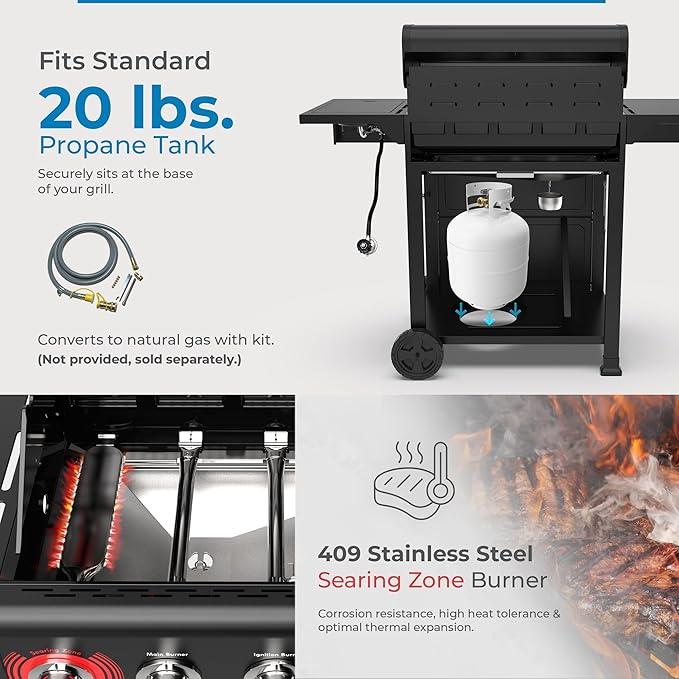 Kenmore BBQ Propane Gas Grill - 5 Burners with Side Burner & Searing Zone, 644 Sq. In. Stainless Steel Grill, 66,000 BTU, Ideal for Outdoor Cooking, Patio & Backyard, Black