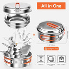 Odoland 10pcs Stainless Steel Camping Cookware Camping Pot and Pan Set with Portable Camping Stove Camping Mess Kit with Plates Bowls Forks Knives Spoons for Hiking Backpacking and Picnic